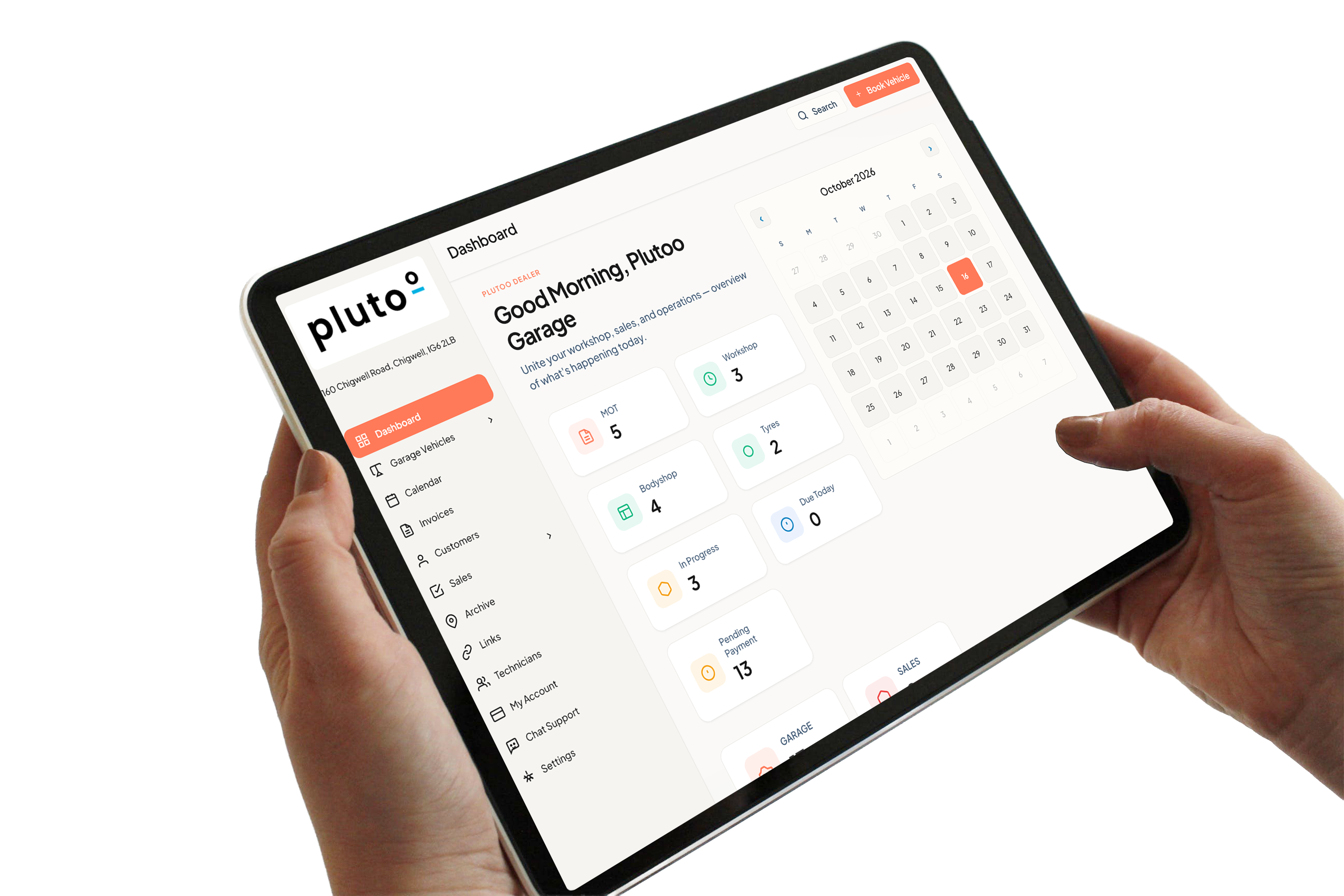 Plutoo garage dashboard displayed on a tablet