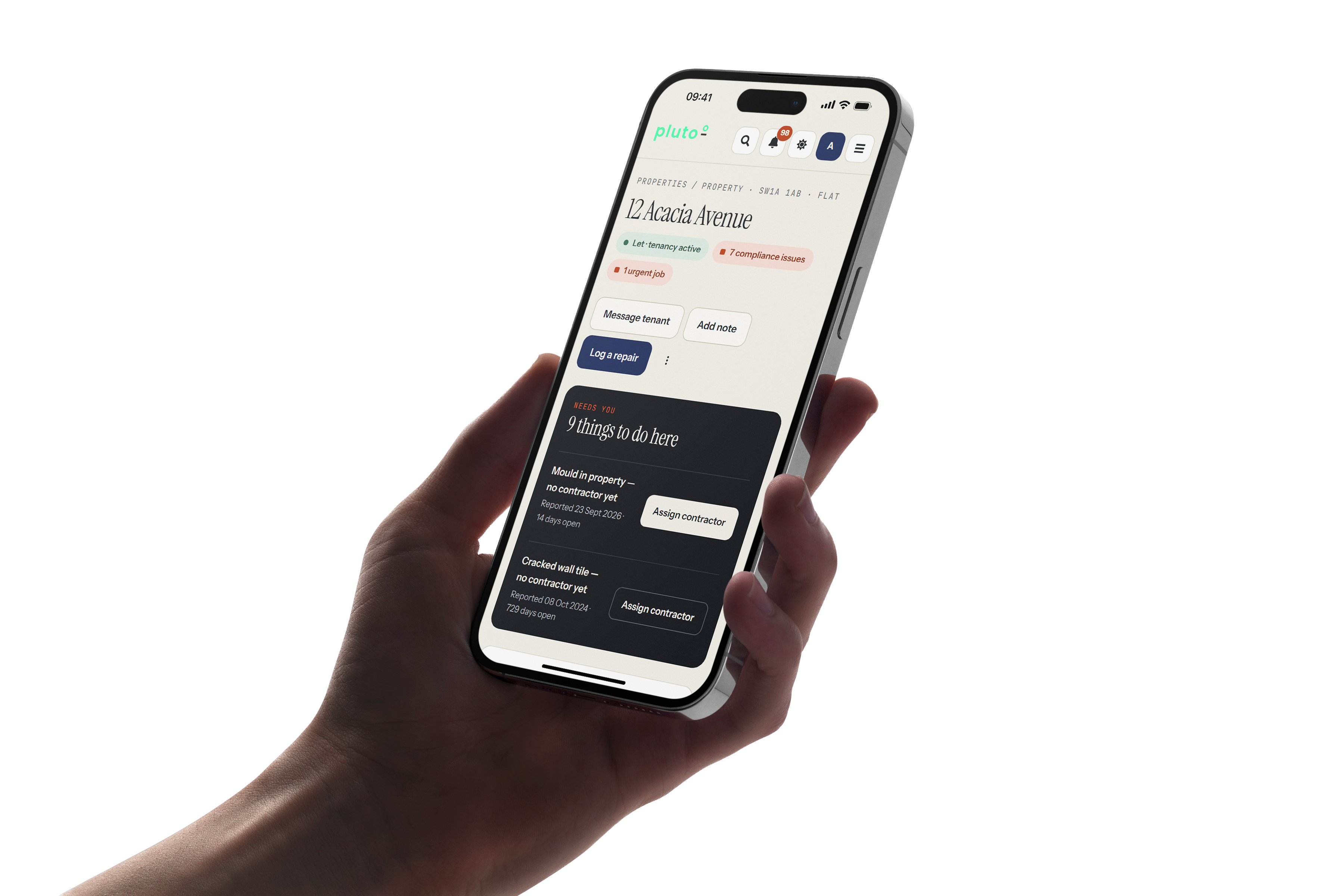 Plutoo property management app displayed on a phone
