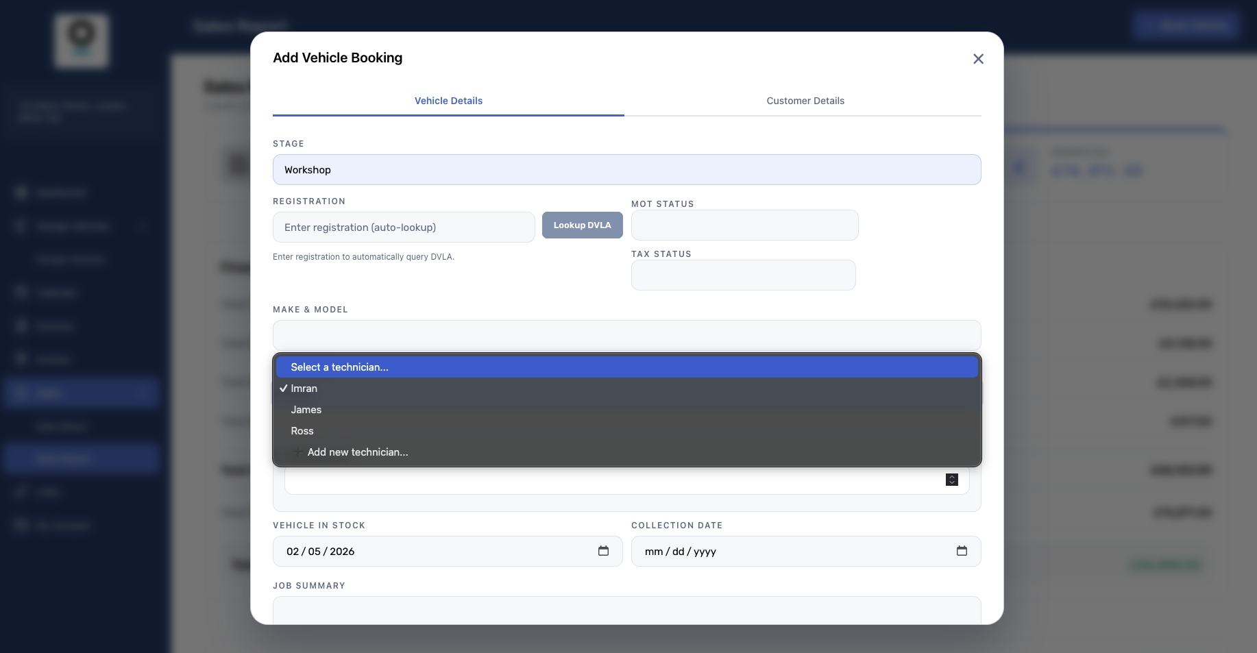 Technician management screen in Plutoo Dealer